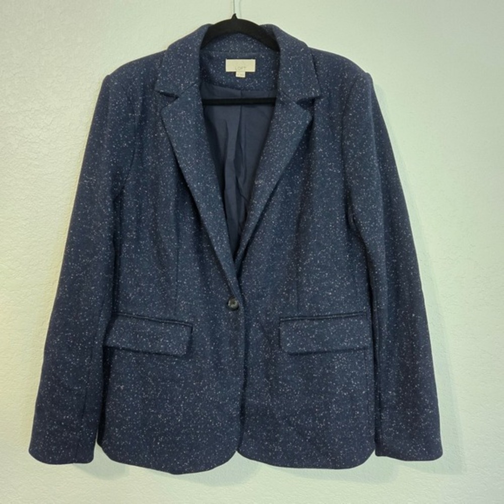 LOFT Navy Speckled Blazer‎ Jacket Women Size 12 Single Button Tweed Blend Preppy